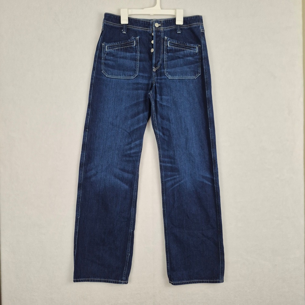 Free People Dark Wash Sz 27 High Rise Button Fly Straight Leg Patch Pocket Jean